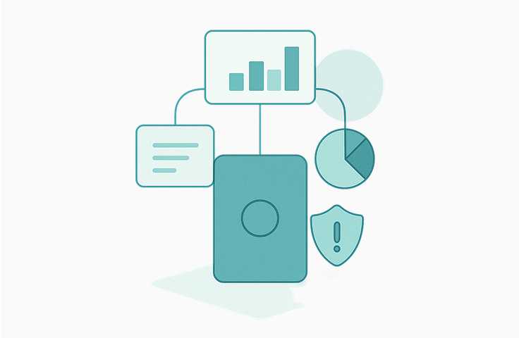Graph, pointing to a pie chart, a list of things to fix, and a website security icon