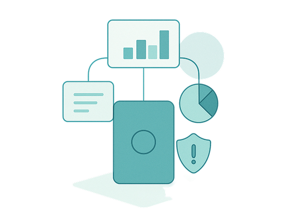Graph, pointing to a pie chart, a list of things to fix, and a website security icon