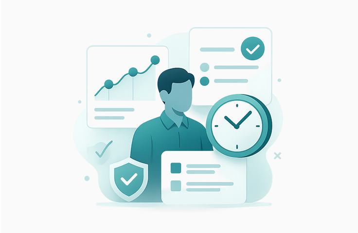 Image of a person surrounded by data, graphs and a clock