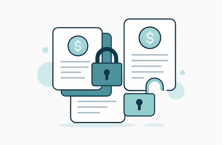 Image of 2 pieces of paper with a money icon and lock on both, one unlocked, one locked, representing one of SMArtX's features, Bundled or Unbundled Fees, which can help easily combine or separate specific fees for unique client arrangements.