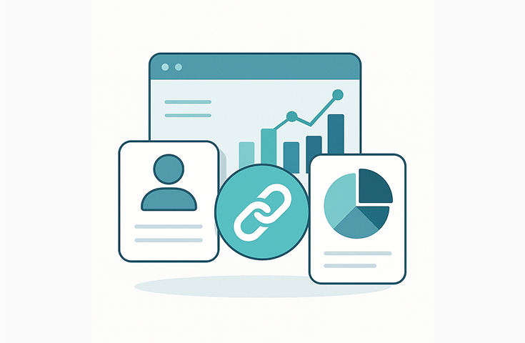 Image of a computer, on one side showing a person's profile, and on the other a pie chart, with a link icon in the middle