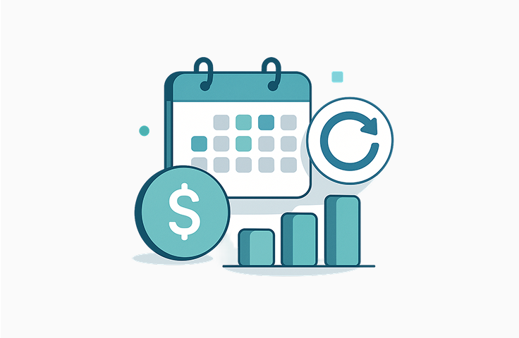Image of a calendar, with a graph and money icon, representing one of SMArtX's features,  Customizable Billing Cycles, which can be used to adjust billing frequencies as needed to fit your firm&rsquo;s schedule and needs.