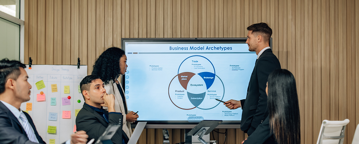Picture of 8 people in a meeting, one of them presenting a chart of Business Model Archetypes