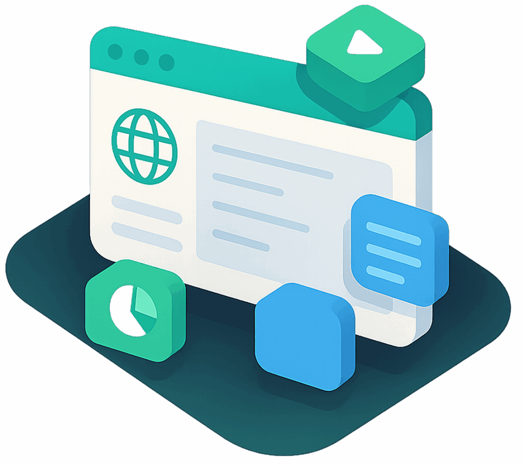 Image of a computer on website, with social media icons next to it