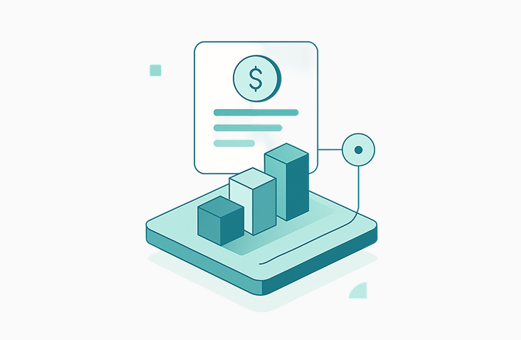 Image of a bar chart, with a paper with a money icon in the back, representing one of SMArtX's features, Hierarchical Fee Scheduling, which helps automatically apply tiered or multi-level fee structures where desired.