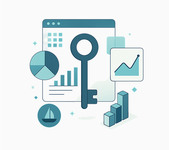 Image of a website, with a key icon on top of it, demonstrating SMartX giving access to the clients to several tools, to help their business