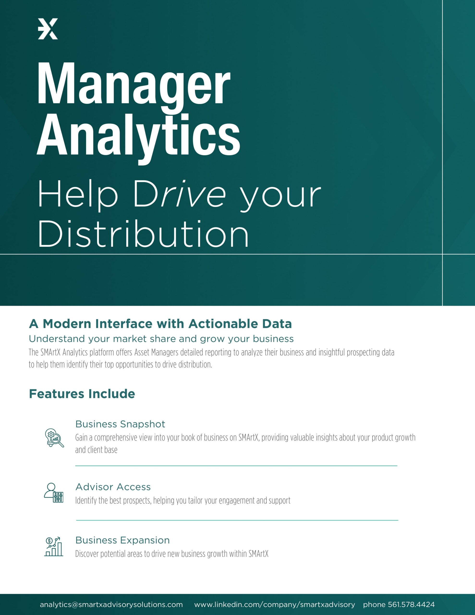Picture of the Manager Analytics brochure, part of Asset Management, where you can learn about the actionable data asset managers gain from the SMArtX Analytics platform to drive distribution and product growth.