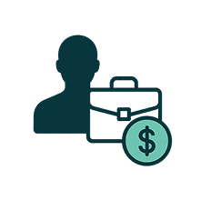 Image with an icon of a person, a briefcase in front of it, and a money icon all the way to the front