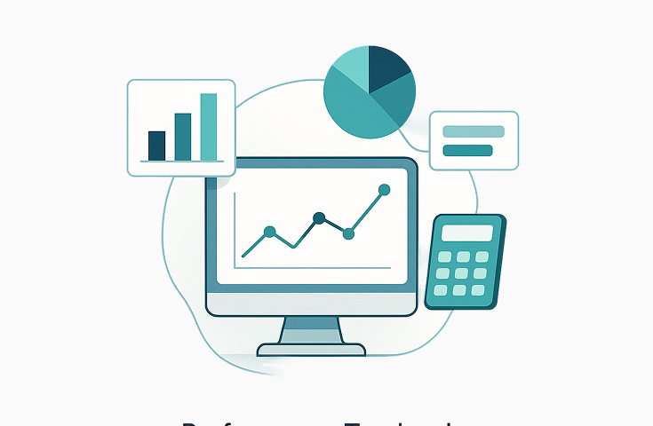 Image containing a computer with graphs inside, surrounded by other graphs, and a calculator