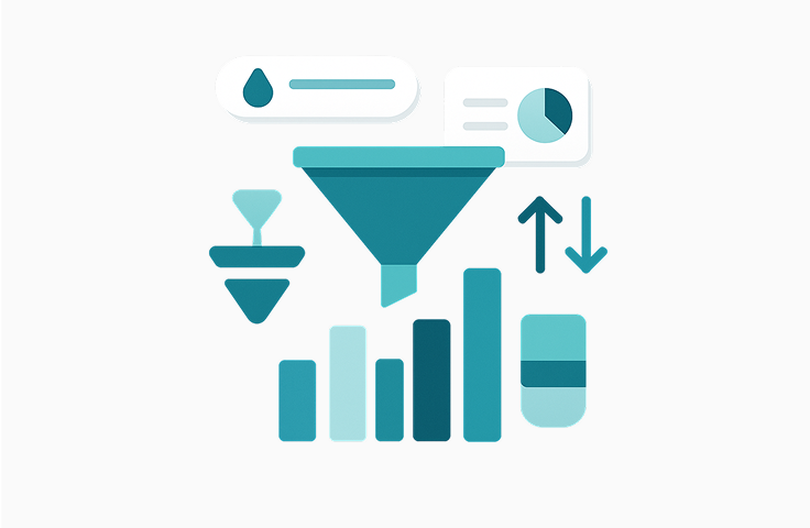 Image of a funnel showing how a website works, with graphs on the bottom