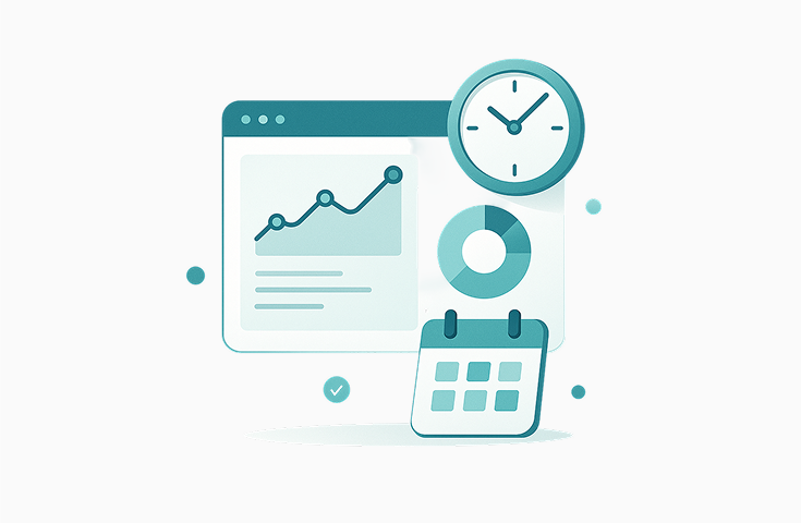 Analysis of a website, with a calendar and a clock, representing SMArtX's feature,  Real-Time Tracking & Daily True-Ups