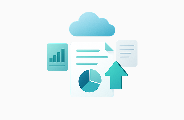 Image of a page with some writing and a graph, being uploaded to a cloud.