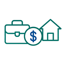 Image with a portfolio on the left, a house on the right, and a money icon on the middle