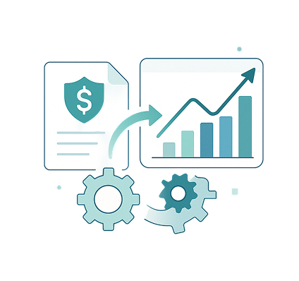 Image of gears rotating, with an arrow pointing to a graph showing improvement
