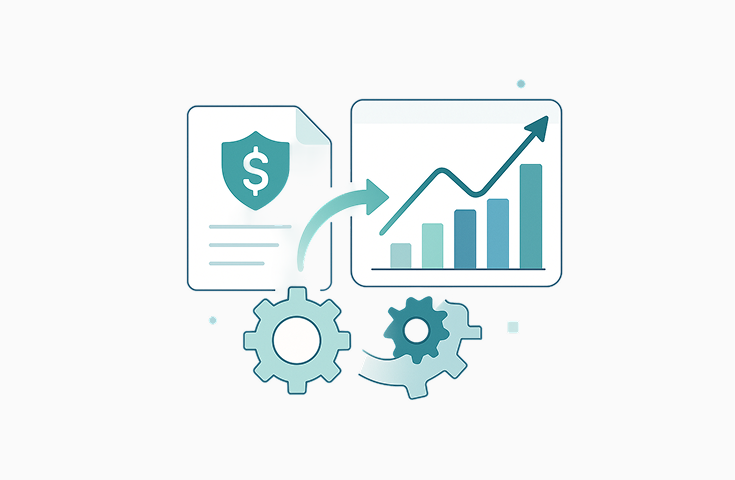 Illustration depicting financial growth and automation, featuring a dollar sign shield document, a growth chart with an upward trend, and interlocking gears symbolizing streamlined investment operations and tax transition strategies.