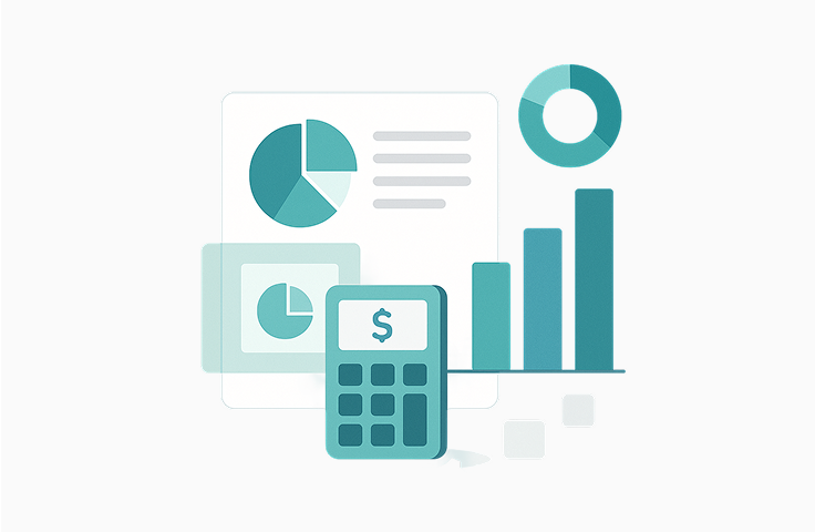 Image of a website, showing data and graphs, with a calculator with a money sign on it, representing SMArtX's feature, Transparent Fee Breakdowns.
